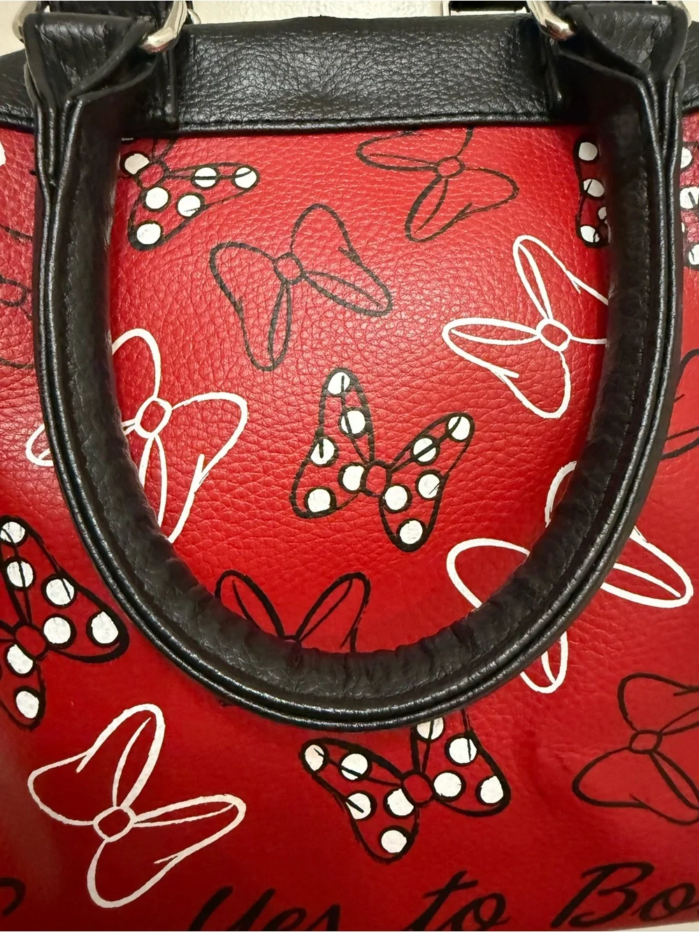 Disney Red Satchel with Black Handles and Bow Print